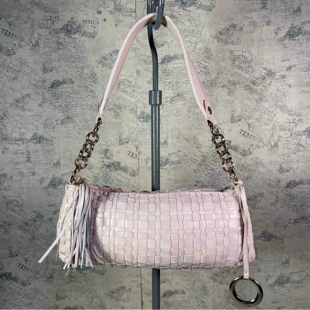 Elliott Lucca Pink Woven Leather Mini Bag Shoulder Purse Gold Hardware